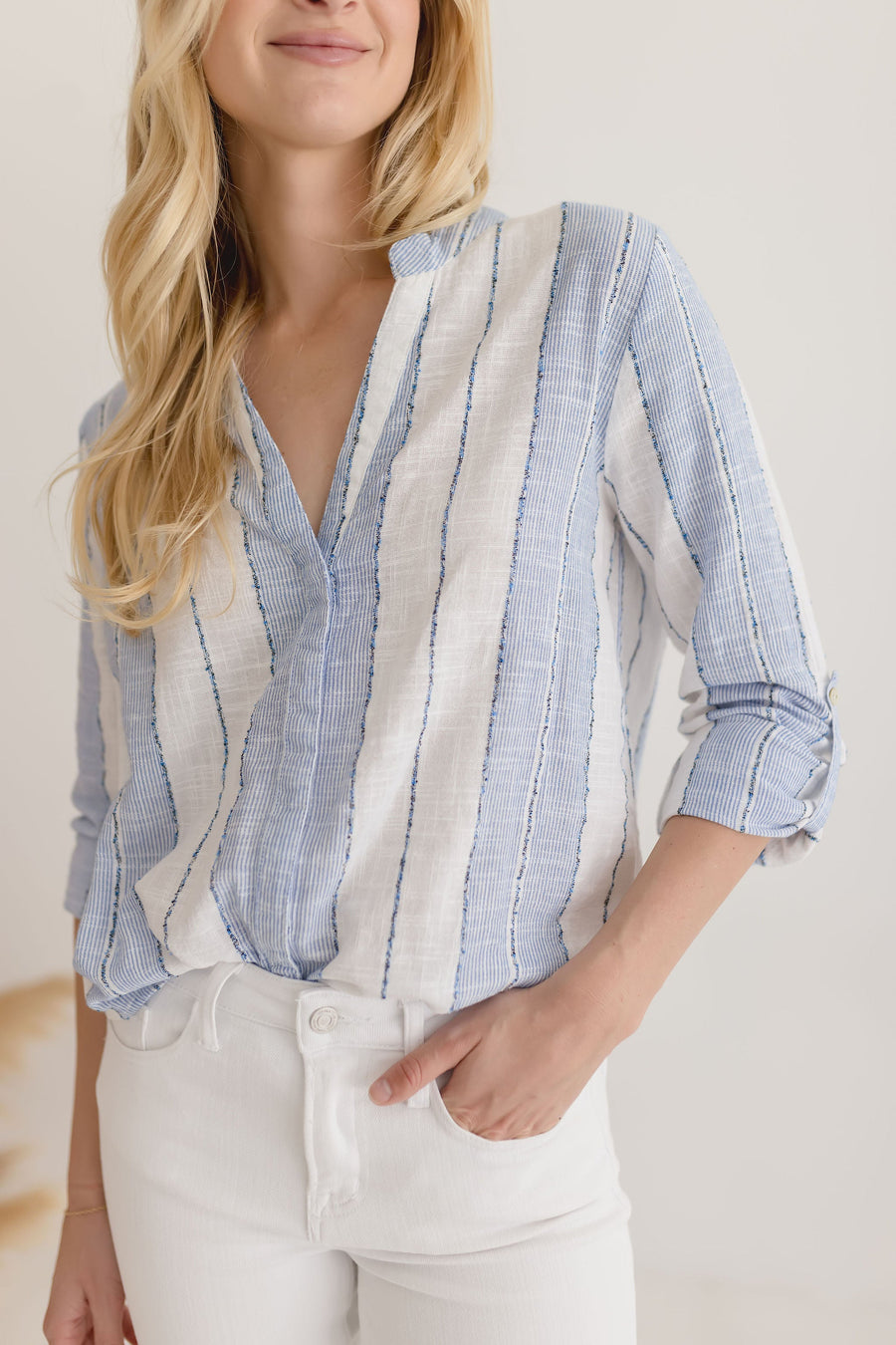 Monique Long Sleeve Stripe Print Tie Front Top