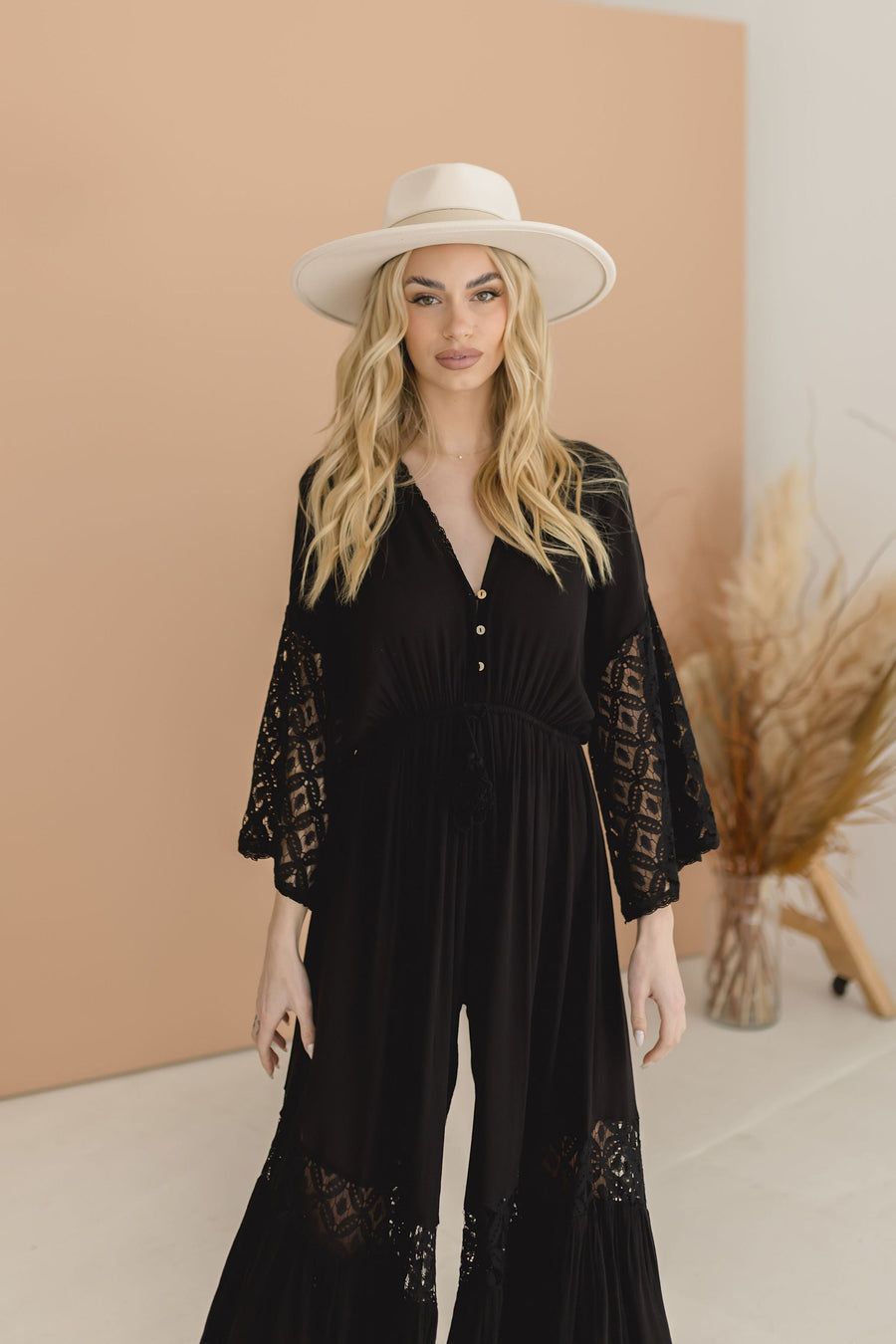 Riley Wide Leg Drawstring Waist Lace Jumpsuit
