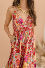 Estelle Sleeveless Back Cut Out Floral Print Tiered Midi Dress