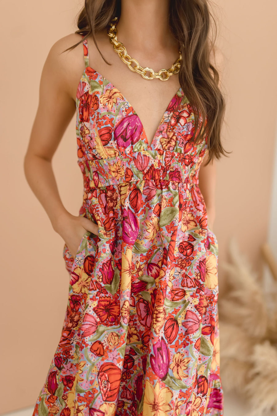 Estelle Sleeveless Back Cut Out Floral Print Tiered Midi Dress