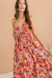 Estelle Sleeveless Back Cut Out Floral Print Tiered Midi Dress