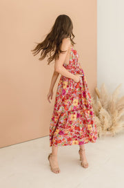 Estelle Sleeveless Back Cut Out Floral Print Tiered Midi Dress