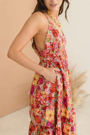 Estelle Sleeveless Back Cut Out Floral Print Tiered Midi Dress