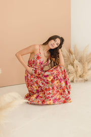 Estelle Sleeveless Back Cut Out Floral Print Tiered Midi Dress