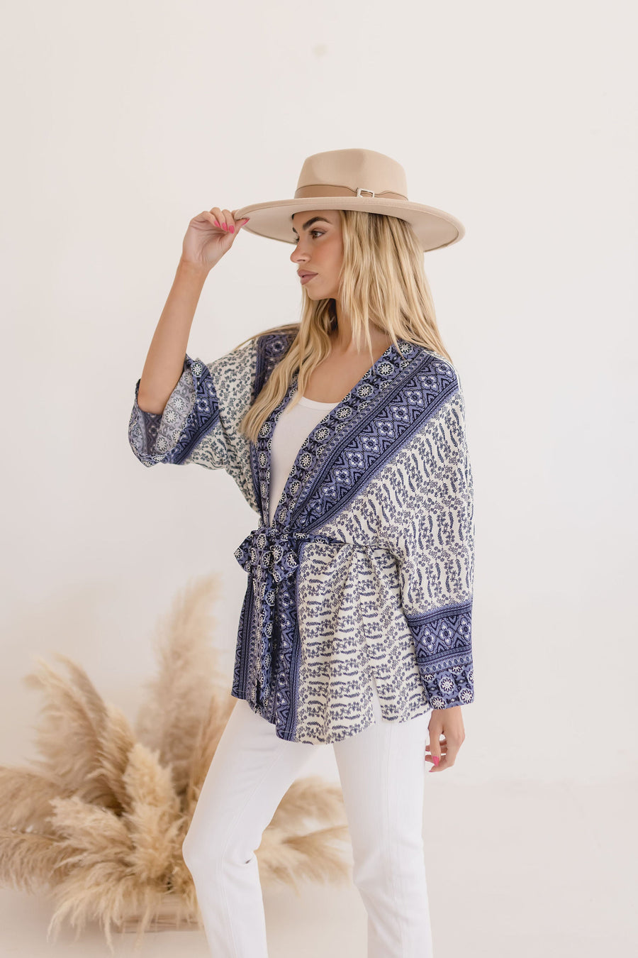 Casey Abstract Print Tie Front Kimono Top