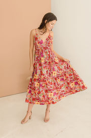 Estelle Sleeveless Back Cut Out Floral Print Tiered Midi Dress