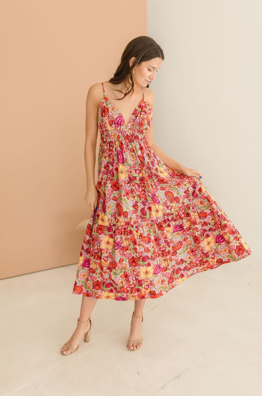 Estelle Sleeveless Back Cut Out Floral Print Tiered Midi Dress
