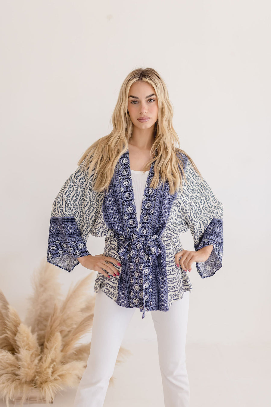 Casey Abstract Print Tie Front Kimono Top