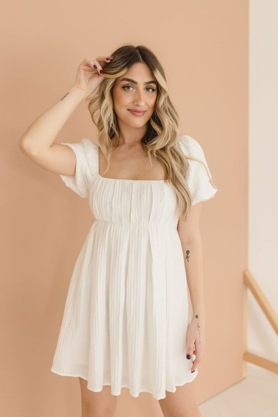 Cameron Short Sleeve Pleated Babydoll Mini Dress
