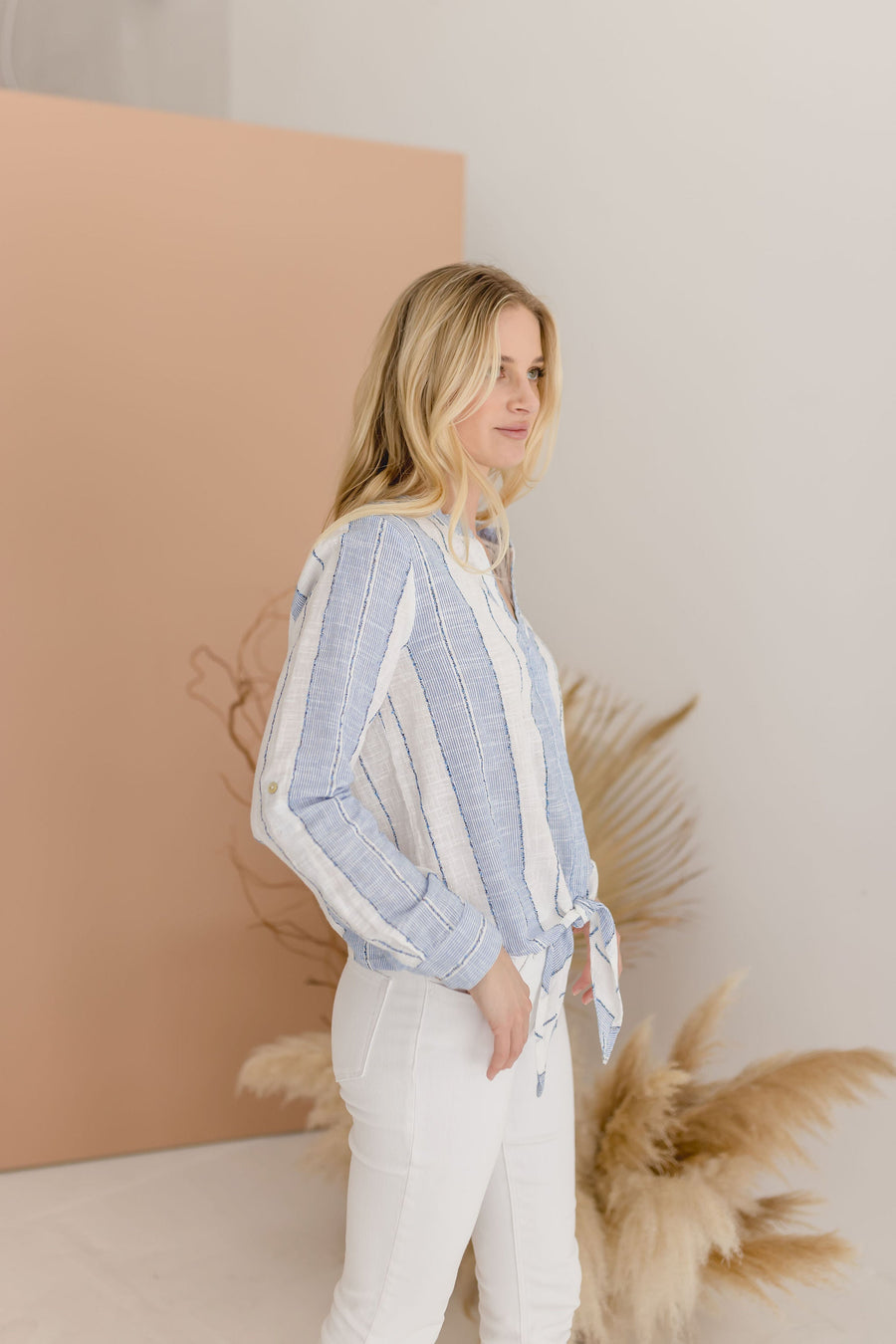 Monique Long Sleeve Stripe Print Tie Front Top