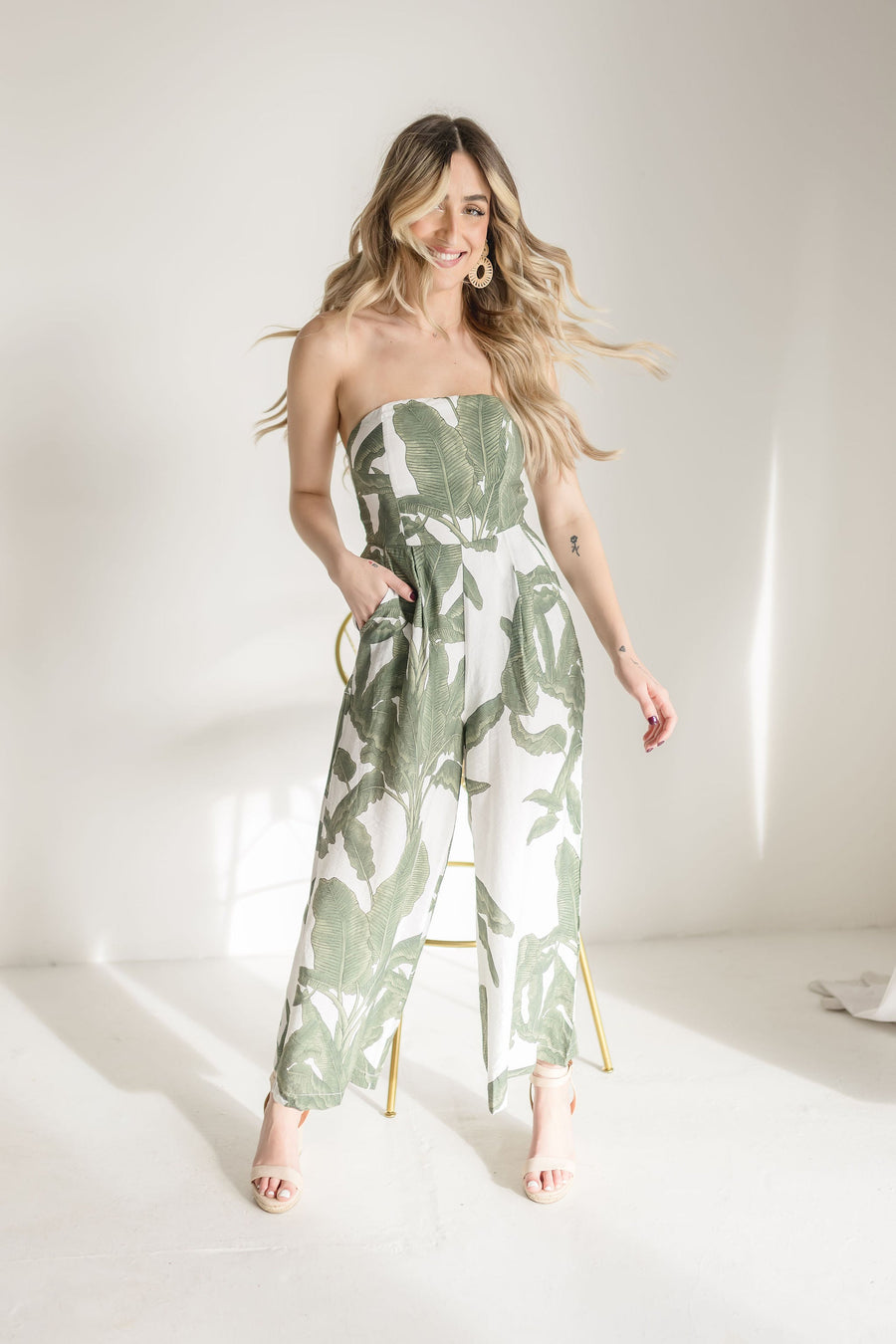Addy Sleeveless Wide Leg Tropical Print Jumpsuit