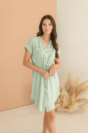 Amy Button Down Waist Tie Mini Shirt Dress