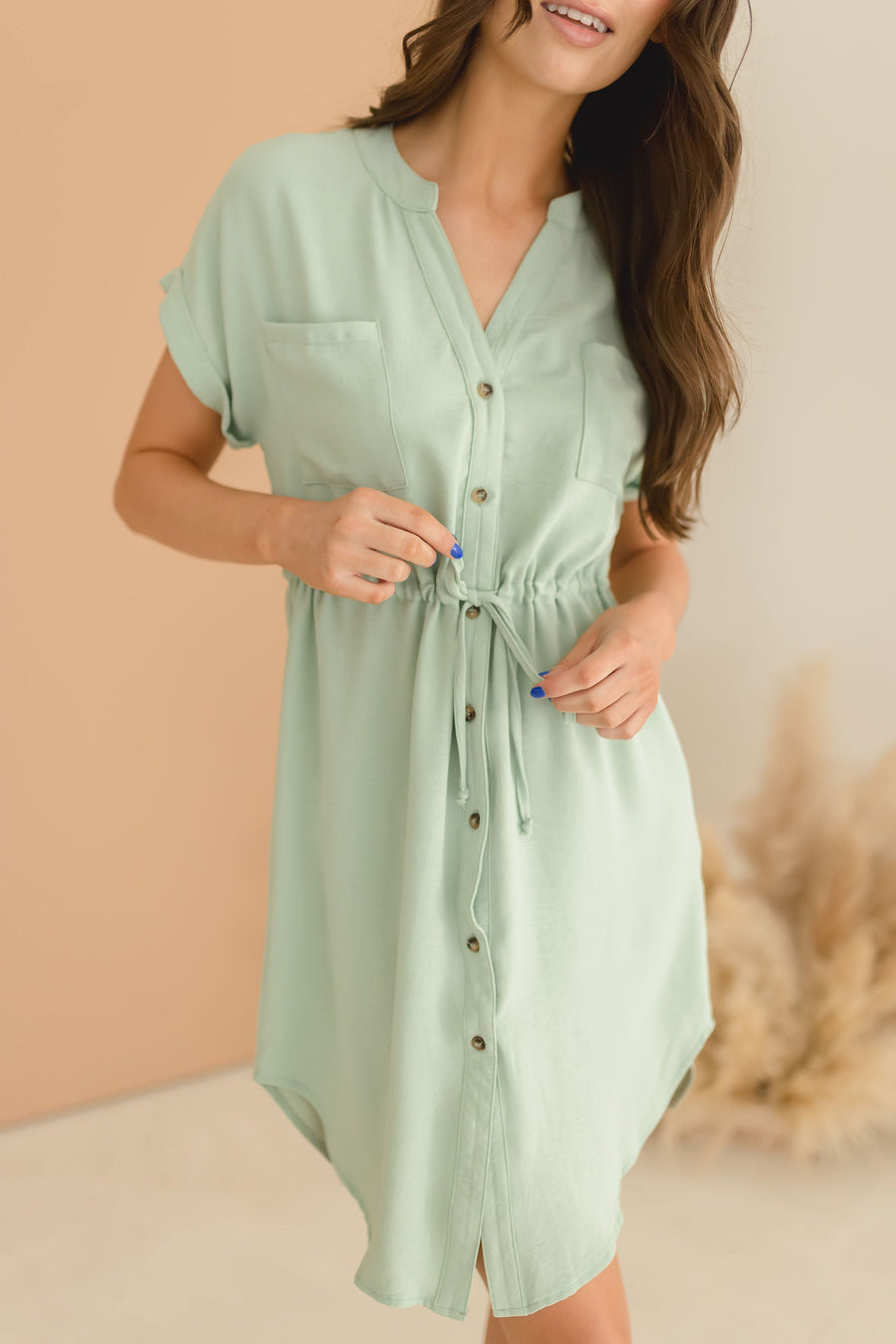 Amy Button Down Waist Tie Mini Shirt Dress