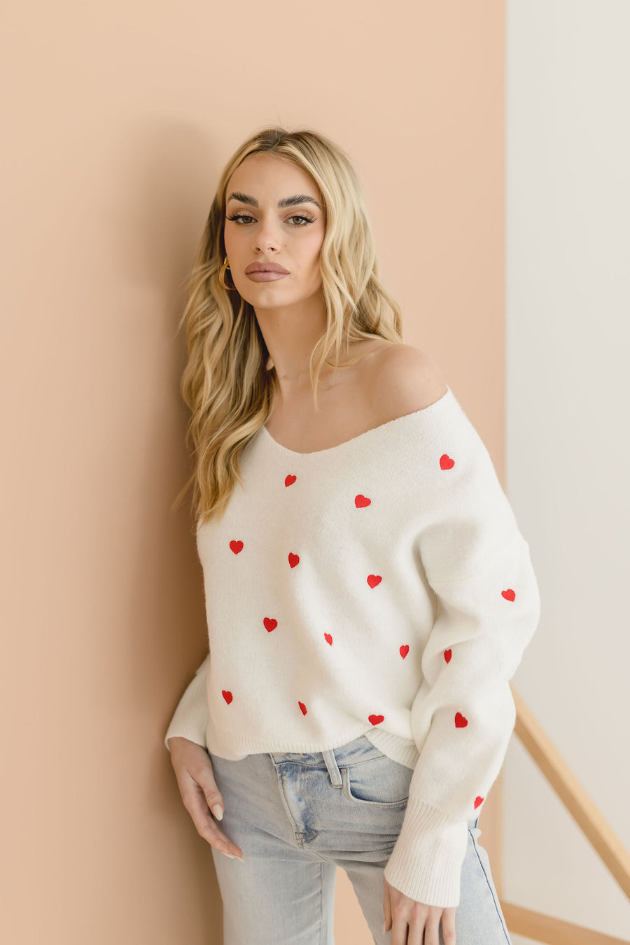 Annie Heart Print Knit Pullover Sweater