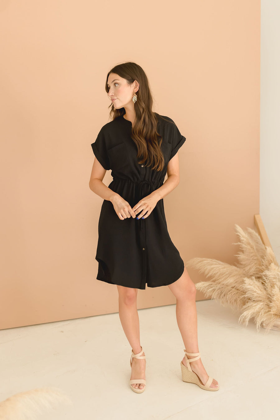 Amy Button Down Waist Tie Mini Shirt Dress