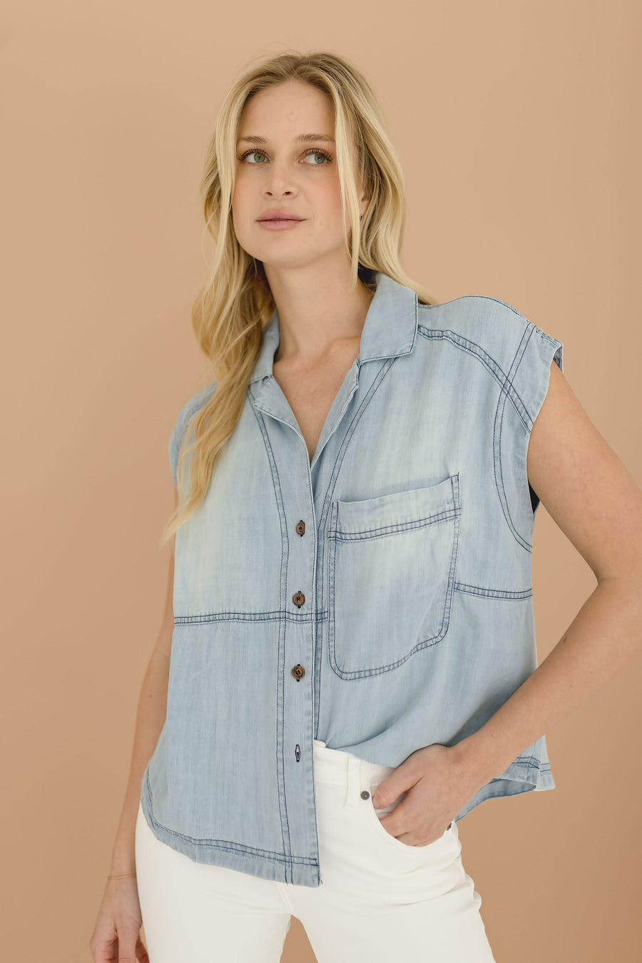 Eve Sleeveless Button Down Chambray Top