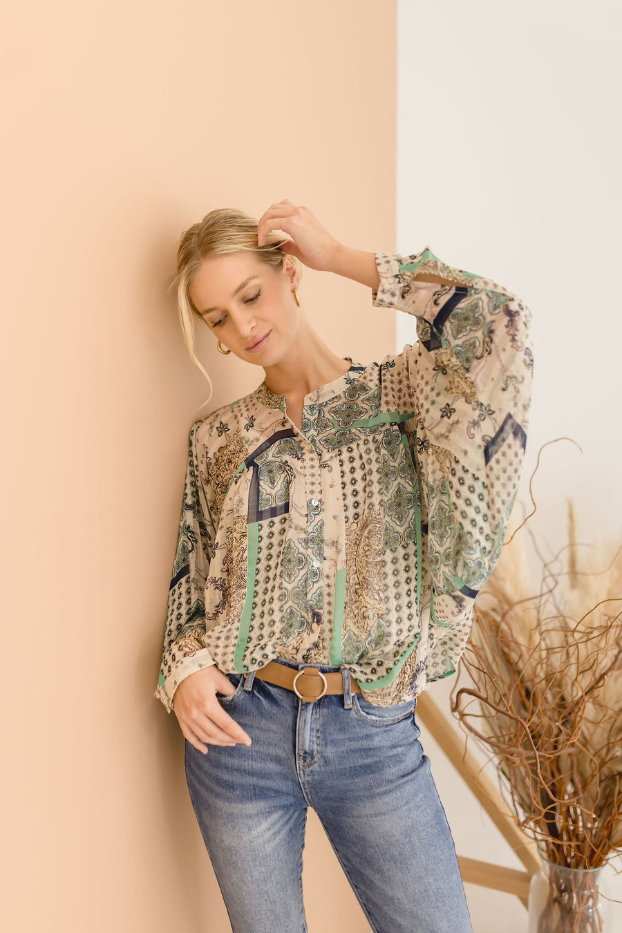 Jana Paisley Print Long Sleeve Button Down Top