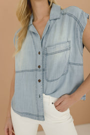 Eve Sleeveless Button Down Chambray Top