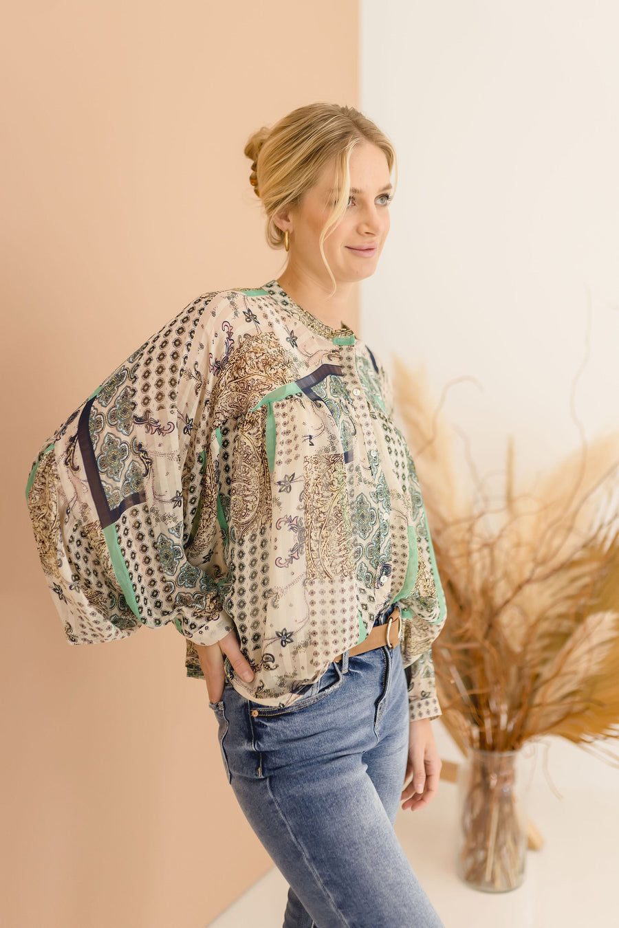 Jana Paisley Print Long Sleeve Button Down Top