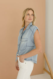 Eve Sleeveless Button Down Chambray Top
