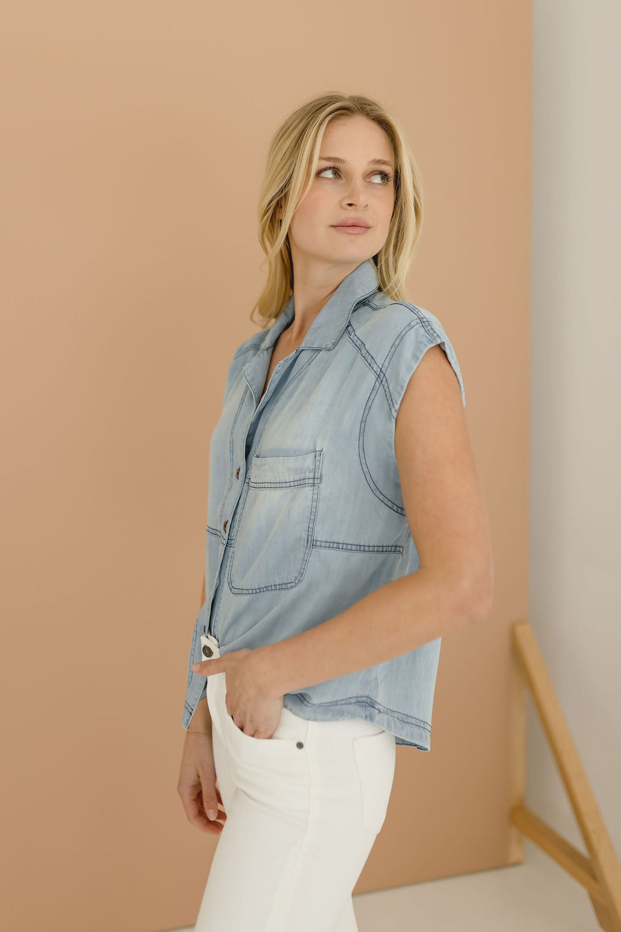 Eve Sleeveless Button Down Chambray Top