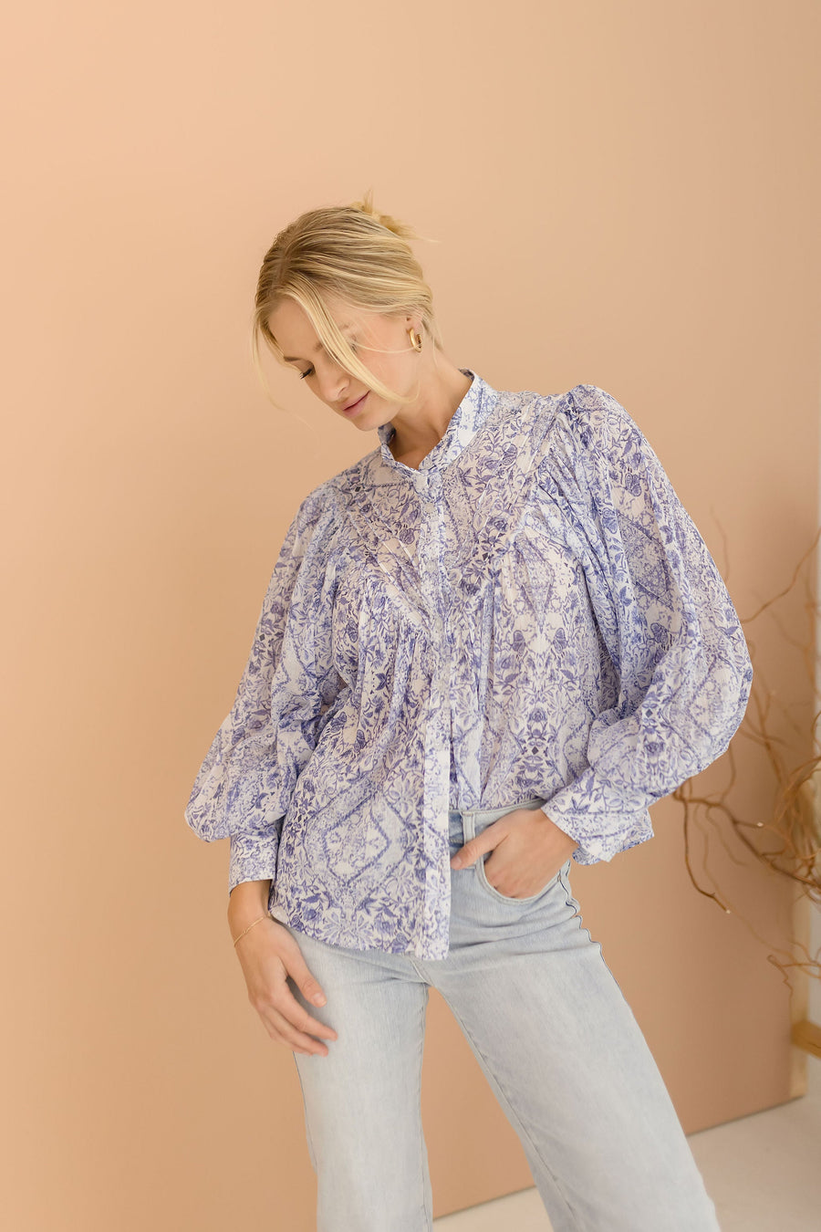 Laura Long Sleeve Pleated Floral Print Blouse