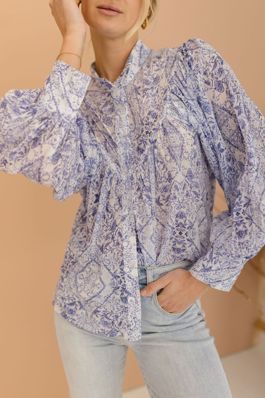 Laura Long Sleeve Pleated Floral Print Blouse