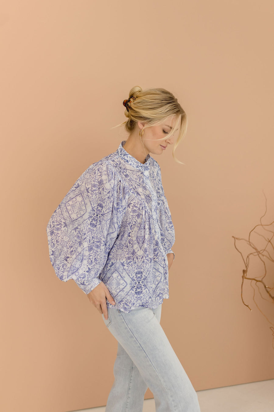 Laura Long Sleeve Pleated Floral Print Blouse