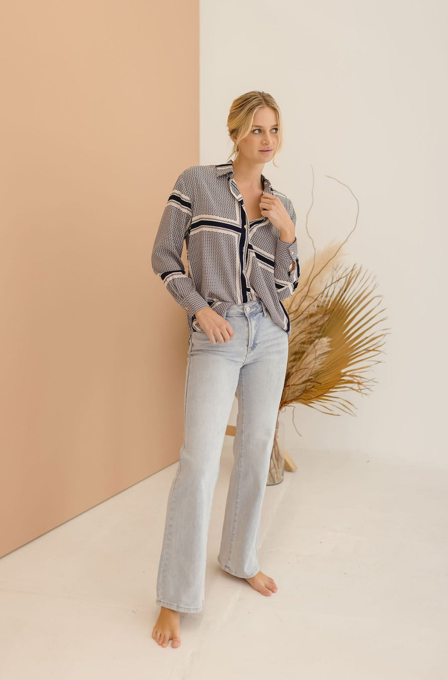 Kellan Long Sleeve Stripe Print Button Down Top