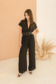 Andrea Short Sleeve Surplice Wide Leg Jumpsuit