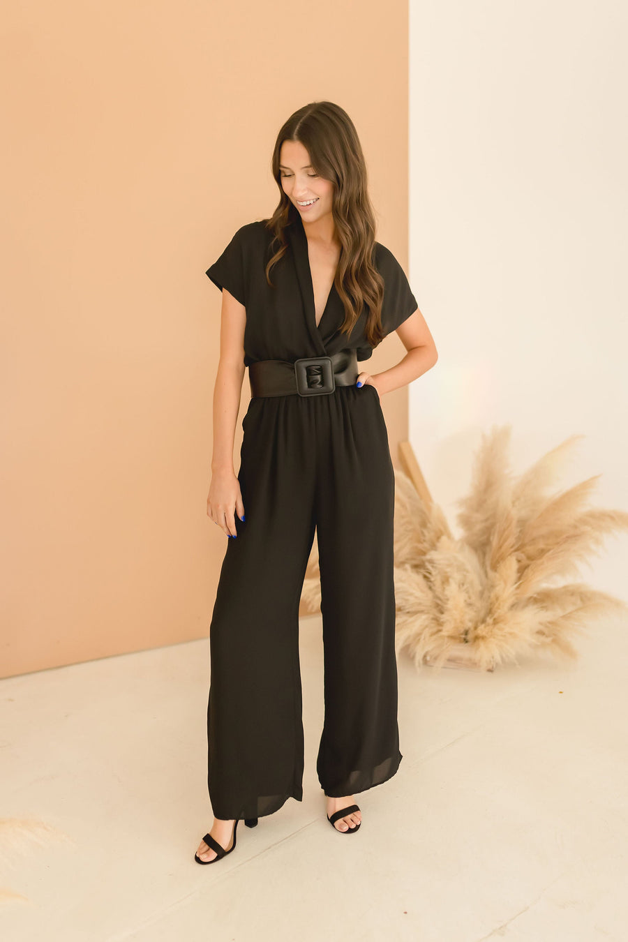 Andrea Short Sleeve Surplice Wide Leg Jumpsuit