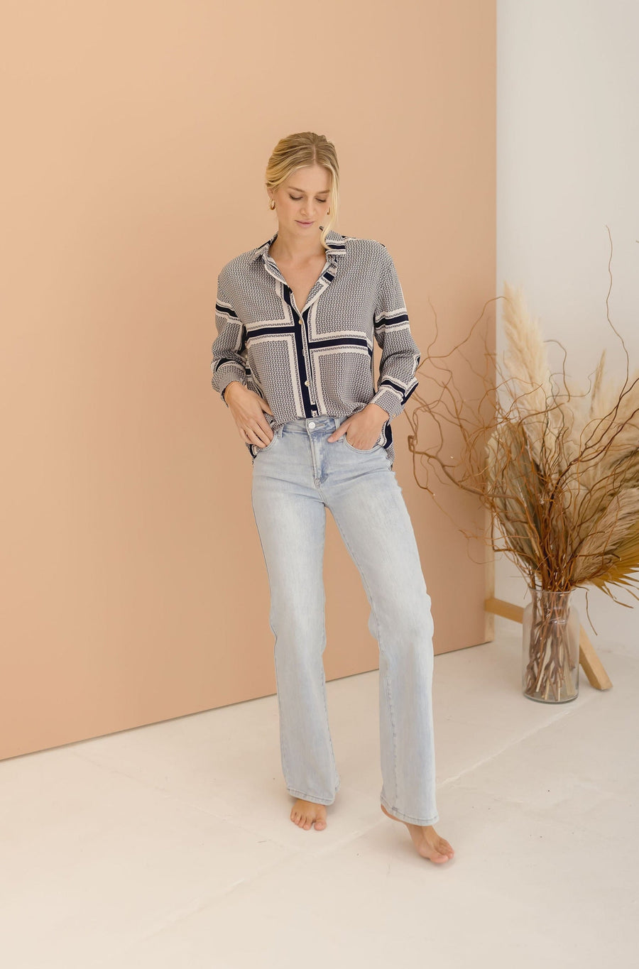 Kellan Long Sleeve Stripe Print Button Down Top