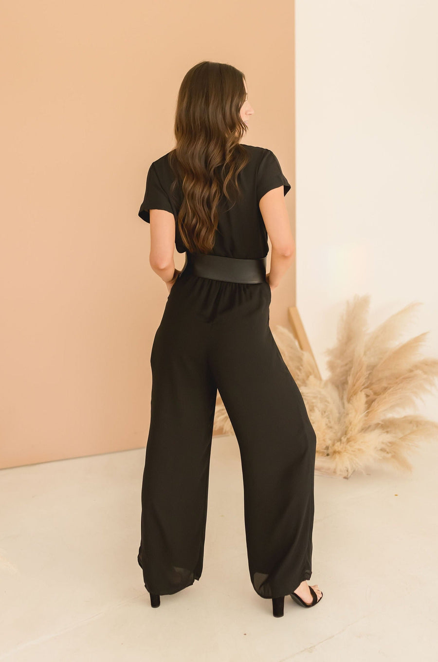 Andrea Short Sleeve Surplice Wide Leg Jumpsuit